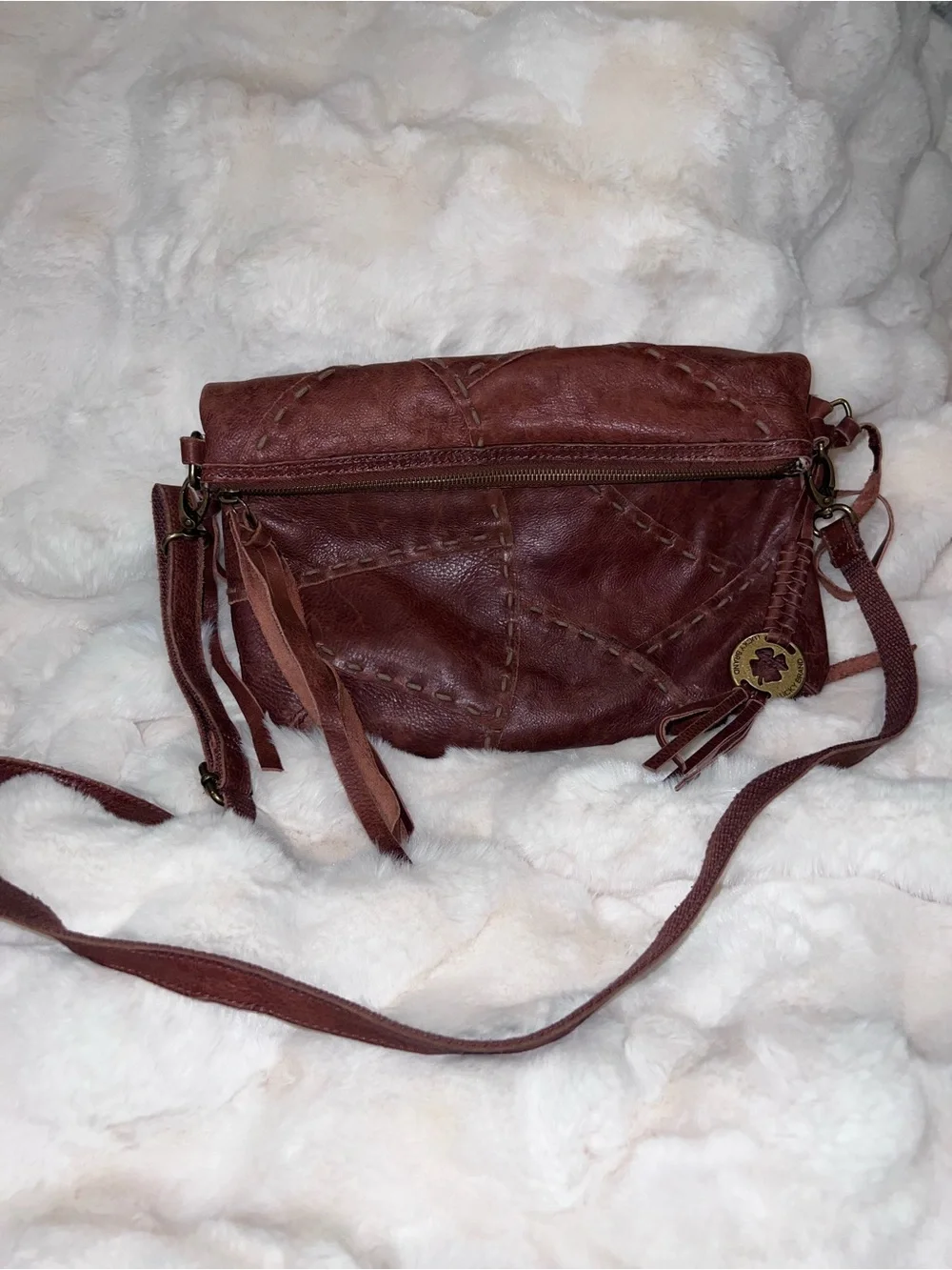 Lucky Brand Medium Brown Leather Patchwork Crossbody with Tassels